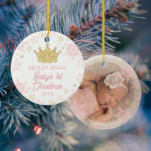 Prinses Baby's 1e Kerstmis Roze & Gouden Foto Keramisch Ornament