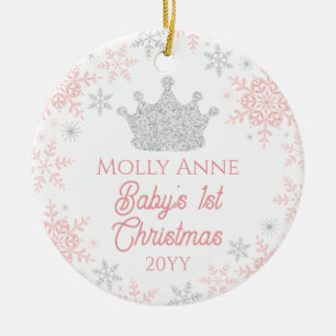 Prinses Baby's 1e Kerstmis Roze Zilver Glitters Keramisch Ornament