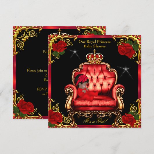 Prinses Babyshower Meisje Goud Rode Roos Stoel 4 Kaart (Voorkant / Achterkant)