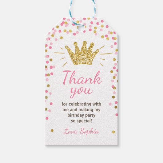 Prinses bedankt labels Royal Crown Pink en Gold Cadeaulabel (Voorkant)