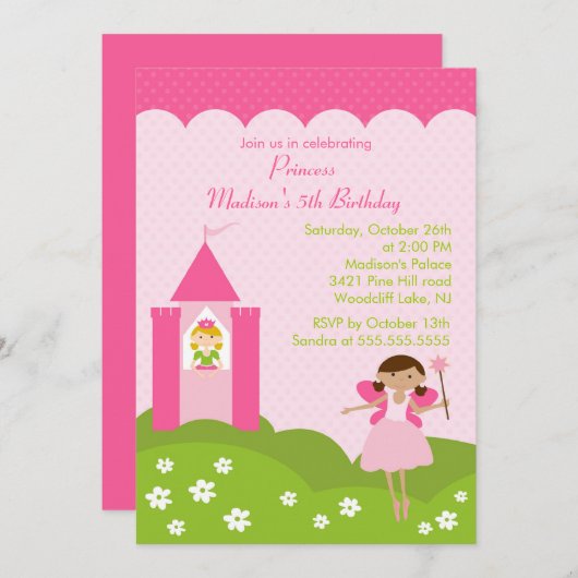 prinses Birthday Party in roze uitnodiging (Voorkant / Achterkant)