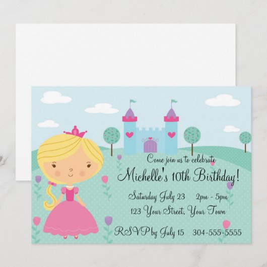 prinses Birthday Party Kaart (Voorkant / Achterkant)