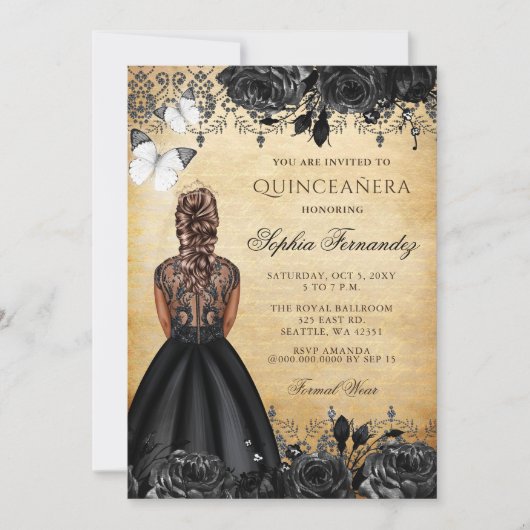  prinses Black Butterfly Quinceañera Kaart (Voorkant)