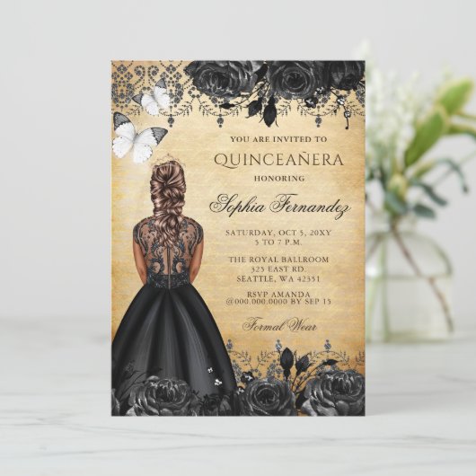  prinses Black Butterfly Quinceañera Kaart (Staand voorkant)