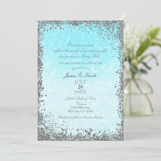 Prinses Blauw Zilver Elegante Verhalenboek Trouwen Kaart (Staand voorkant)