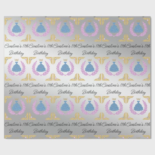 Prinses Blauwe Jurk & Kroon, Verjaardag Cadeaupapier (Vlak)