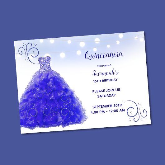 Prinses Blauwe Jurk Slingerlichten Quinceanera Kaart