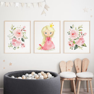 Prinses, Blond Haar, Roze Bloemen, Meisje Kwekerij Muurkunst Sets