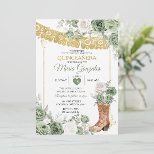 Prinses Boot Sage Groene Quinceañera Uitnodiging (Staand voorkant)