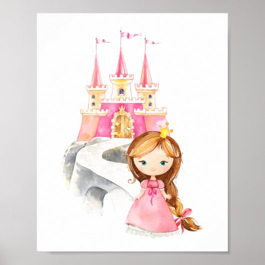 Prinses, Bruin Haar, Kasteel, Kroon, Meisjeskamer Poster (Voorkant)