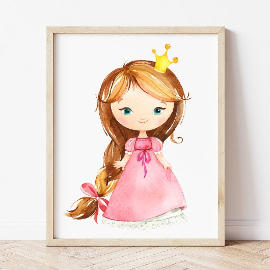 Prinses, bruin haar, roze bloemen, meisje kwekerij muurkunst sets