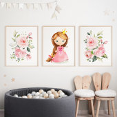 Prinses, bruin haar, roze bloemen, meisje kwekerij muurkunst sets