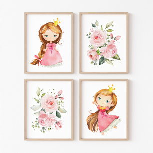Prinses, bruin haar, roze bloemen, meisje kwekerij muurkunst sets
