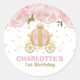 Prinses Carriage Bloemen Roze en Gouden Favor Ronde Sticker