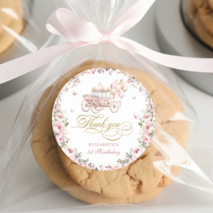 Prinses Carriage Verjaardagsballonnen Roze en Goud Ronde Sticker