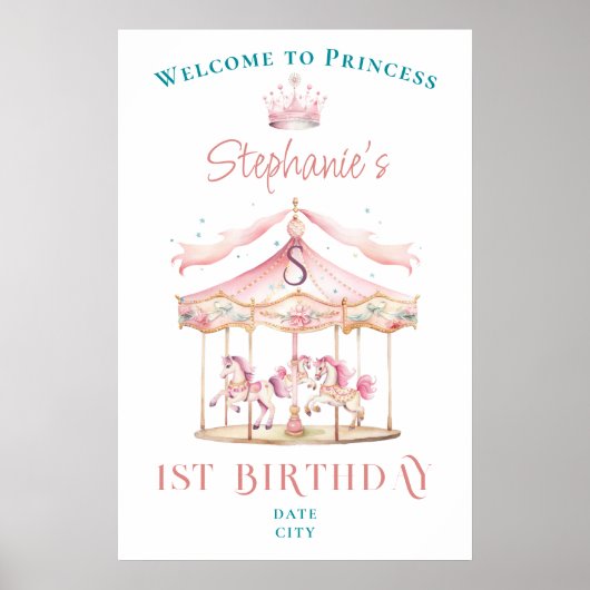 Prinses Carrousel Magisch 1e Verjaardag Welkom Poster (Voorkant)