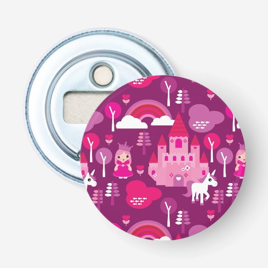 prinses castle en unicorn regenboog button flesopener (Voorkant)