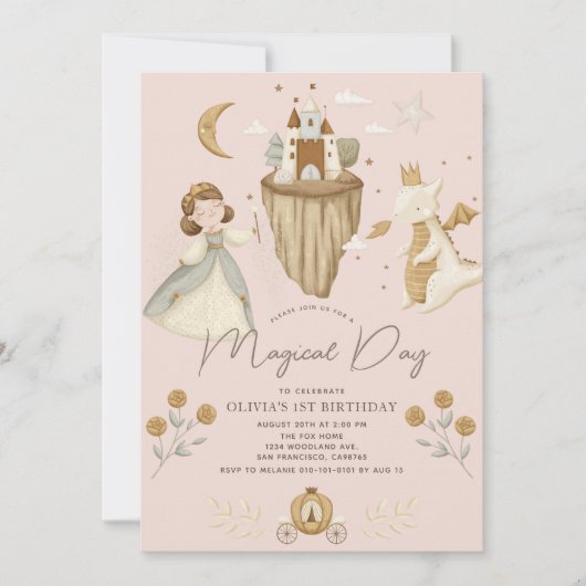 Prinses & Draak Boho Sprookje Roze 1e Verjaardag Kaart (Voorkant)