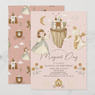 Prinses & Draak Boho Sprookje Roze 1e Verjaardag Kaart