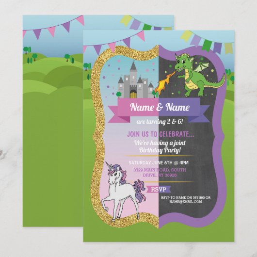 Prinses Draak Kasteel Eenhoorn Gezamenlijke Jongen Kaart (Voorkant / Achterkant)