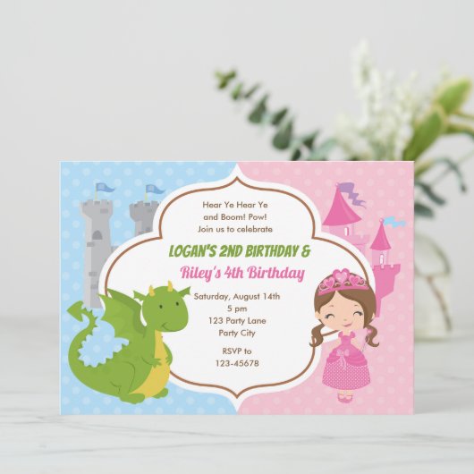 Prinses & Draak Verjaardag Uitnodigingen Tweeling  (Staand voorkant)