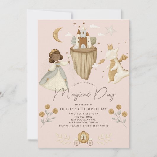 Prinses Dragon Sprookje Donkere Huid Roze Verjaard Kaart (Voorkant)