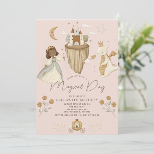 Prinses Dragon Sprookje Donkere Huid Roze Verjaard Kaart (Staand voorkant)