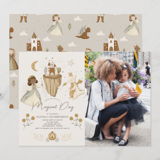 Prinses Dragon sprookje donkere huid verjaardag fo Kaart (Voorkant / Achterkant)