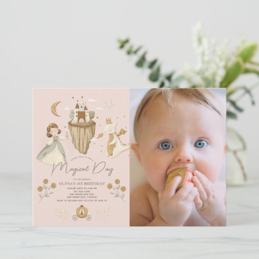 Prinses Dragon Sprookje Roze 1e Verjaardag Foto Kaart (Staand voorkant)