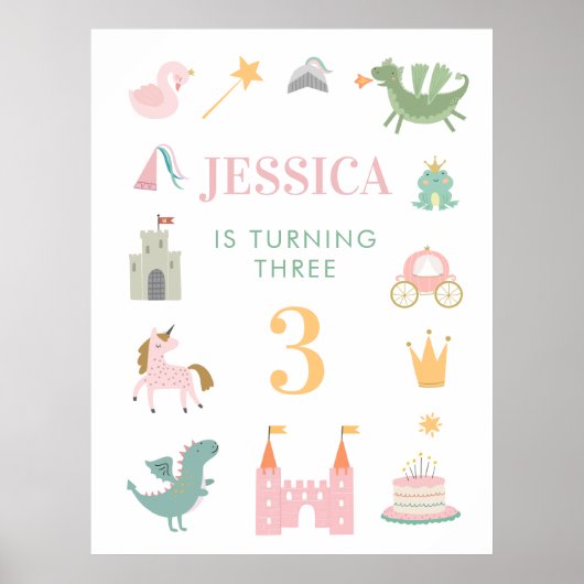 Prinses Drakenkasteel Verjaardag Kleuterschool Pos Poster (Voorkant)