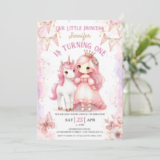 Prinses Eenhoorn 1e verjaardag Meisje Roze Kaart (Staand voorkant)