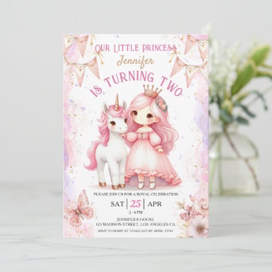 Prinses Eenhoorn 2e verjaardag Meisje Roze Kaart (Staand voorkant)