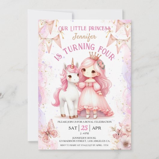 Prinses Eenhoorn 4e verjaardag Meisje Roze Kaart (Voorkant)