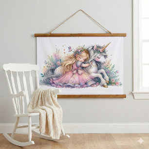Prinses Eenhoorn Pastel Sprookje Fantasie Hangend Wandkleed