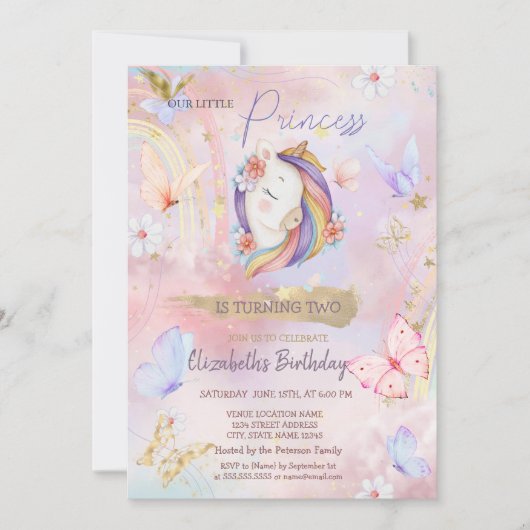 Prinses eenhoorn vlinder regenboog verjaardag kaart (Voorkant)