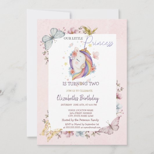 Prinses Eenhoorn Vlinders Roze Verjaardag Kaart (Voorkant)