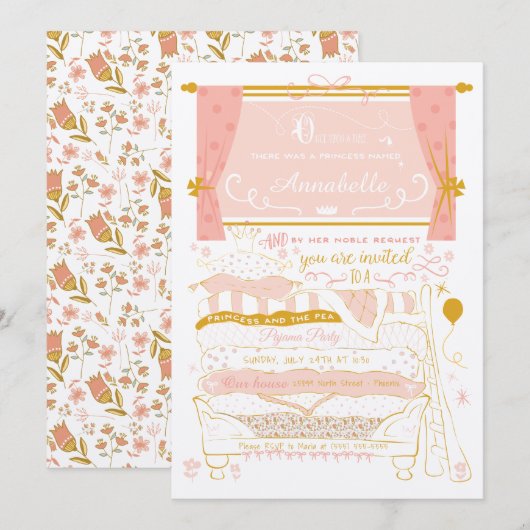 Prinses en de Pea Slumber Party Uitnodiging (Voorkant / Achterkant)