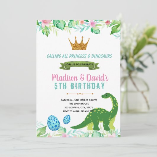 Prinses en dinosaurus uitnodiging (Staand voorkant)