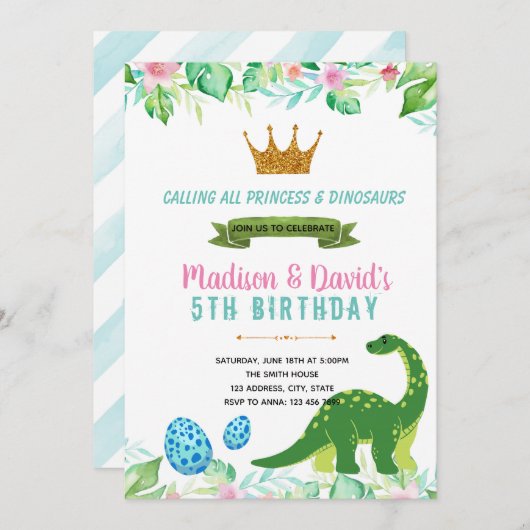 Prinses en dinosaurus uitnodiging (Voorkant / Achterkant)