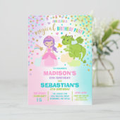 Prinses en draak verjaardagsuitnodiging broers en  kaart (Staand voorkant)