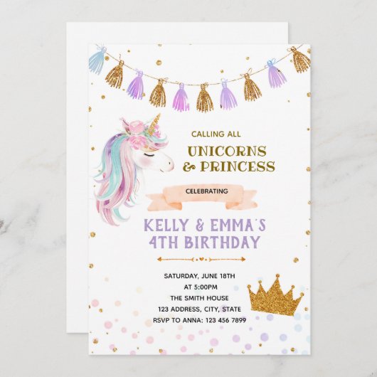 Prinses en eenhoorn gezamenlijke uitnodiging voor  (Voorkant / Achterkant)