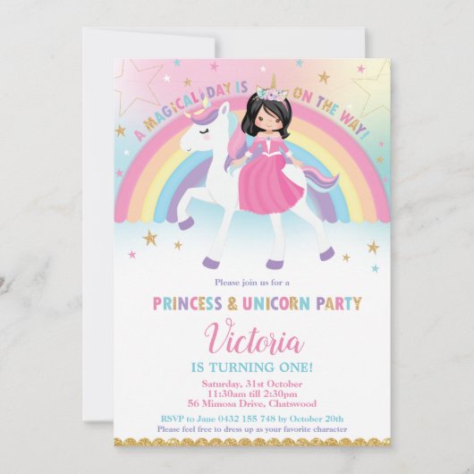 Prinses en Eenhoorn Regenboog Kasteel Verjaardagsf Kaart (Voorkant)