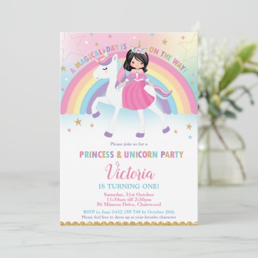 Prinses en Eenhoorn Regenboog Kasteel Verjaardagsf Kaart (Staand voorkant)