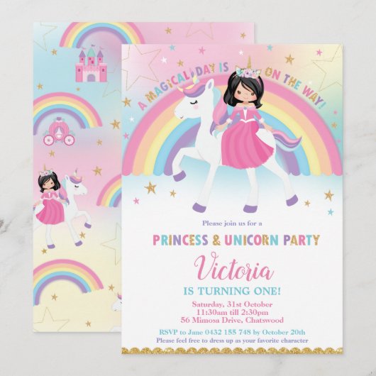 Prinses en Eenhoorn Regenboog Kasteel Verjaardagsf Kaart (Voorkant / Achterkant)