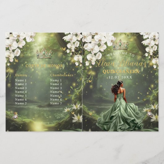 Prinses en kikker Salie Groene Quinceanera-program (Voorkant)