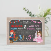 Prinses en piraat gezamenlijke verjaardagsuitnodig kaart (Staand voorkant)