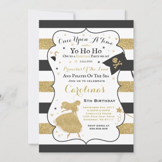 Prinses en piraat verjaardagsuitnodiging kaart (Voorkant)