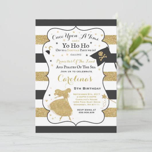 Prinses en piraat verjaardagsuitnodiging kaart (Staand voorkant)