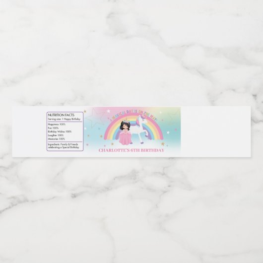 Prinses en Regenboog Eenhoorn Verjaardagsfeestguns Waterfles Etiket (Enkel label)