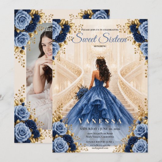 Prinses Foto Blauwe Sweet 16 Uitnodiging (Voorkant / Achterkant)
